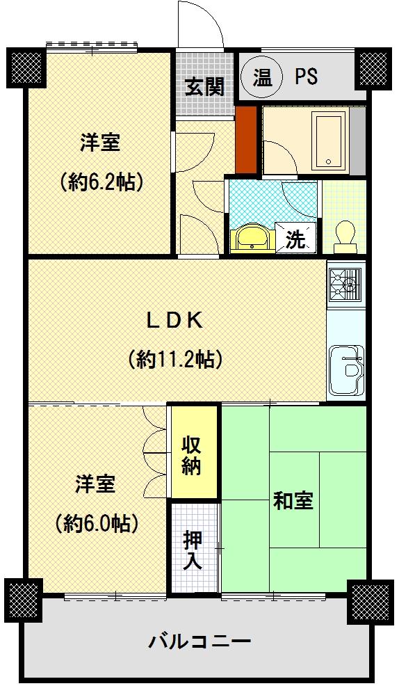Floor plan. 3LDK, Price 8.9 million yen, Footprint 64 sq m , Balcony area 8.96 sq m floor plan