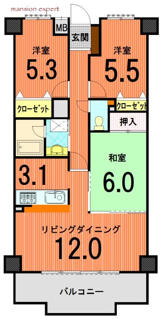 Floor plan. 3LDK, Price 11 million yen, Footprint 70.8 sq m , Balcony area 11.1 sq m