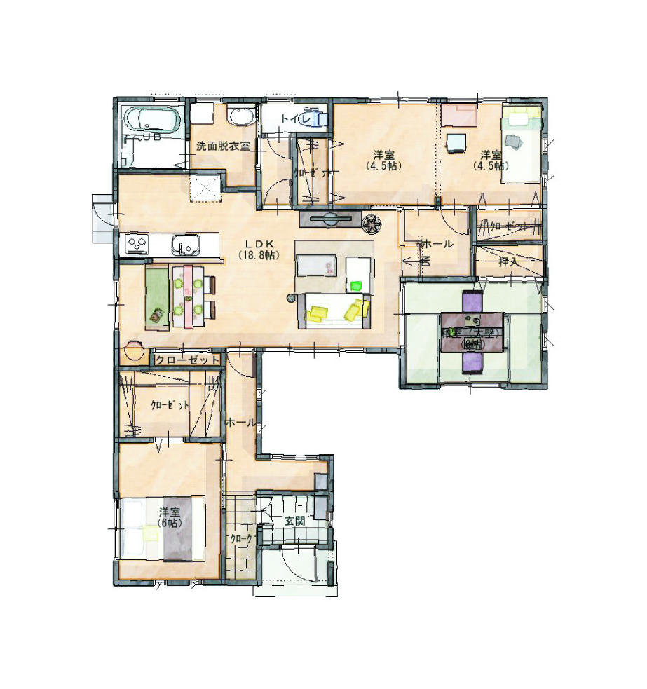 Floor plan. 22,570,000 yen, 4LDK, Land area 202.27 sq m , Glad floor plan to the wife short housework flow line in the building area 98.54 sq m all room storage and coherent water around the