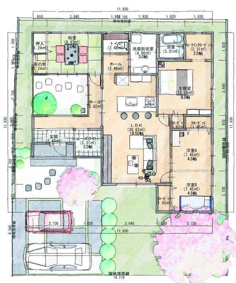 Floor plan. In addition to the 18 quires more spacious LDK, Short housework flow line of the wife eyes a woman architect has designed is also attractive