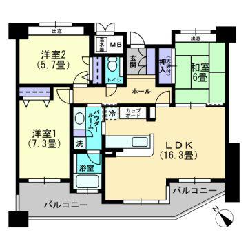 Floor plan. 3LDK, Price 22,800,000 yen, Occupied area 77.22 sq m , Balcony area 14.61 sq m lighting surface is large and bright floor plan