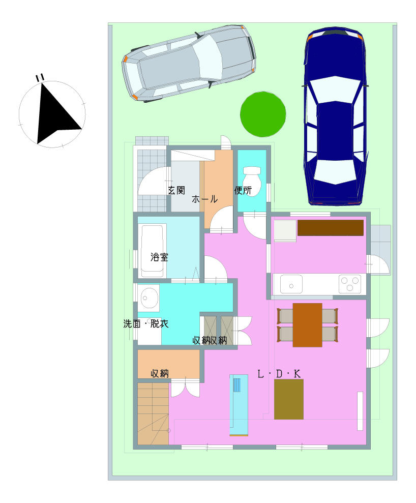 Floor plan. 25,940,000 yen, 3LDK, Land area 102.34 sq m , Is a floor plan of the building area 87.77 sq m 1 floor. The spacious family gatherings space in the living room of 17 quires! Also you can see how the family in the face-to-face kitchen! Attractive staircase under storage and living room next to the storage space! Parking space also allowed two!