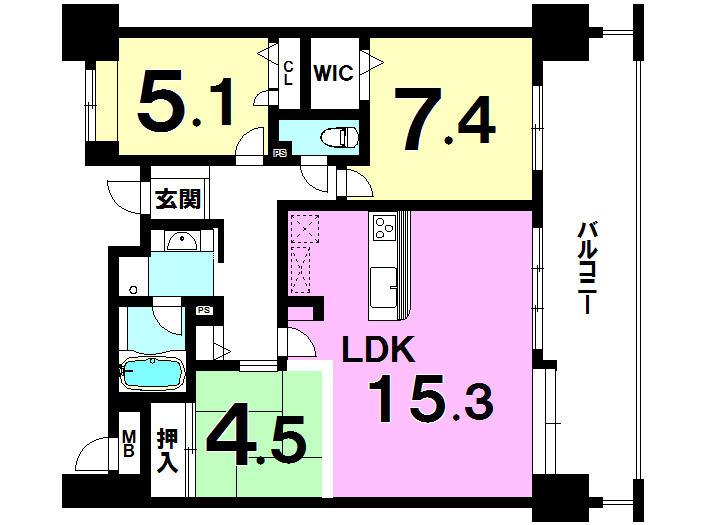 Floor plan. 3LDK, Price 23.8 million yen, Footprint 75.2 sq m , Balcony area 19.4 sq m