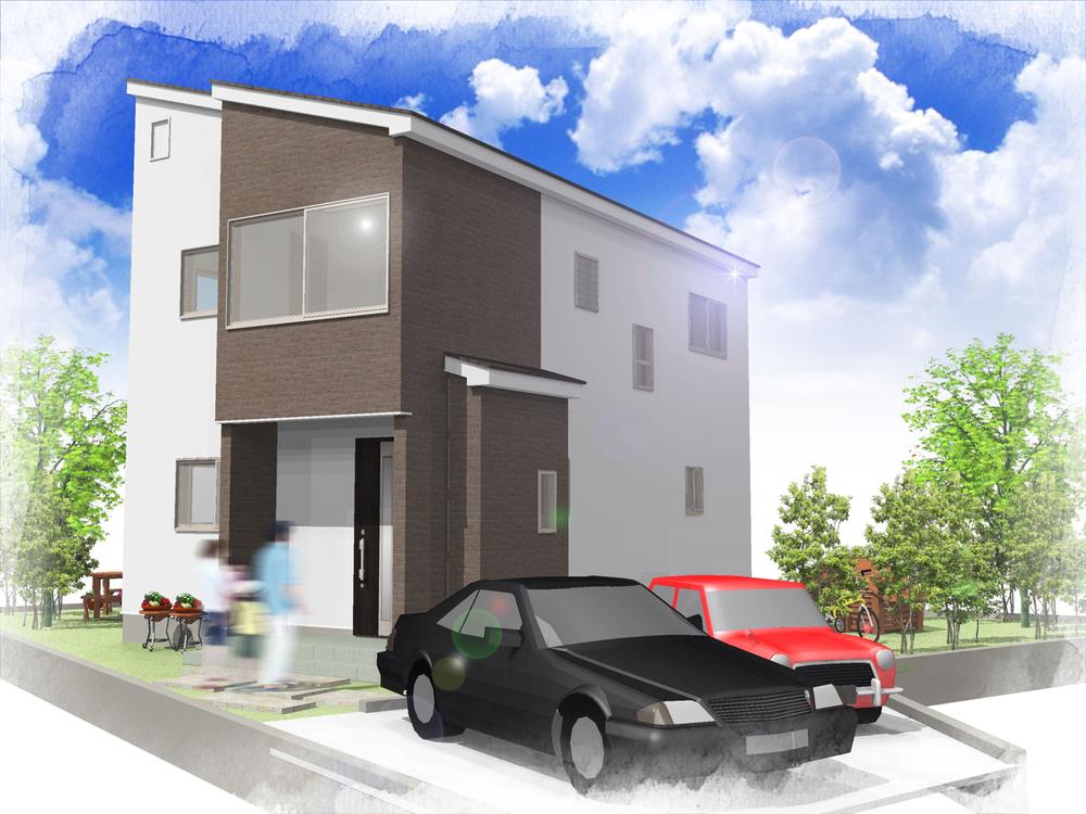 Local appearance photo. Rendering is! Is a model house stuck to the sense of openness and comfort! Parking spaces are also firmly secured 2 car! Heisei is scheduled to be completed in 26 years in May.