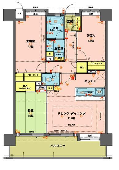 Floor plan. 3LDK, Price 21,800,000 yen, Occupied area 76.68 sq m , Balcony area 15.39 sq m