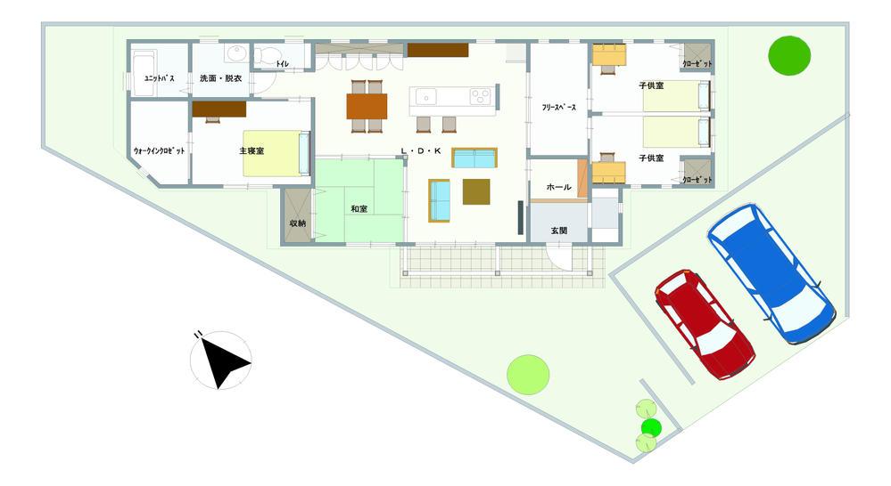 Floor plan. Spacious living charm of 20 tatami than anything! Also, You can also use both by such applications because it is all the living room storage! Flow line of water around from laid was a kitchen in the center of the house is a busy mom of ally.