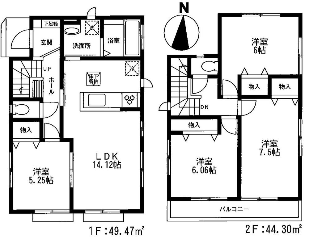 Building plan example (floor plan). Building plan example (A section) 4LDK, Land price 13,470,000 yen, Land area 129.8 sq m , Building price 9.93 million yen, Building area 93.77 sq m