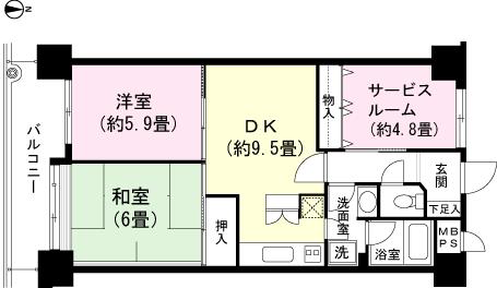 Floor plan. 2DK + S (storeroom), Price 6.5 million yen, Occupied area 58.81 sq m , Balcony area 9.66 sq m