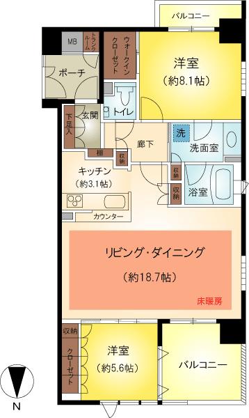 Floor plan. 2LDK, Price 29,800,000 yen, Footprint 80.6 sq m , Balcony area 12.5 sq m
