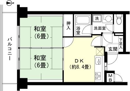 Floor plan. 2DK, Price 7 million yen, Occupied area 44.82 sq m , Balcony area 6.54 sq m
