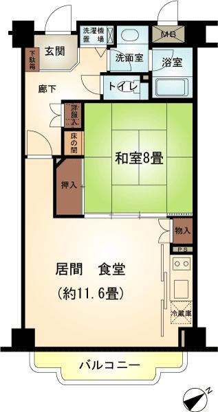 Floor plan. 1LDK, Price 12.5 million yen, Occupied area 56.12 sq m , Balcony area 5.34 sq m