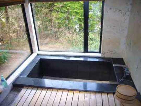 Bathroom. Bathroom is. Wrapped in green from the outside of the window