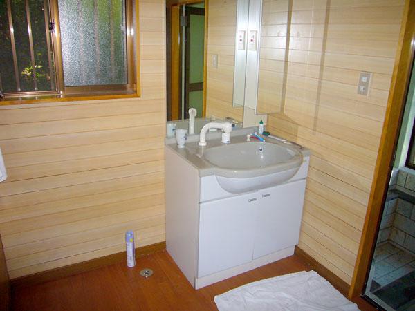 Wash basin, toilet. Vanity with shampoo dresser