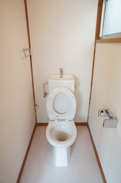 Toilet. Toilet is bright with a window!