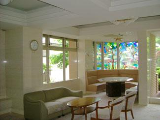lobby. Front lobby with a dignity that has been decorated with stained glass