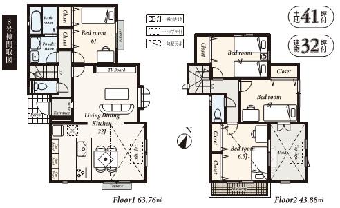 Floor plan. (8 Building), Price 27.6 million yen, 4LDK, Land area 138.42 sq m , Building area 107.64 sq m