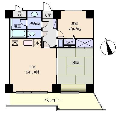Floor plan. 2LDK, Price 8.8 million yen, Footprint 65.9 sq m , Balcony area 13.79 sq m