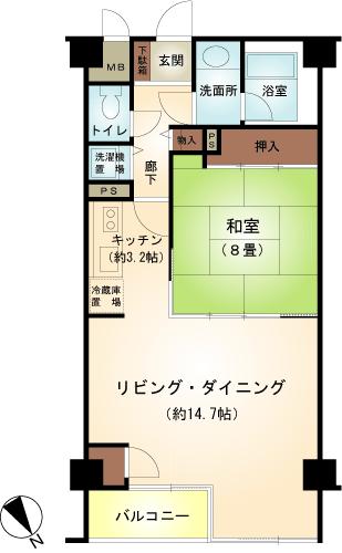 Floor plan. 1LDK, Price 6.8 million yen, Footprint 59.7 sq m , Balcony area 15.12 sq m