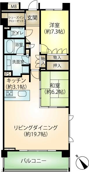 Floor plan. 2LDK, Price 24,800,000 yen, Footprint 85.5 sq m , Balcony area 12.6 sq m