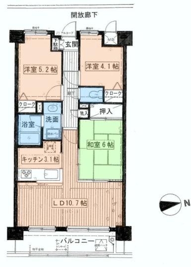 Floor plan. 3LDK, Price 13.8 million yen, Occupied area 62.41 sq m , Balcony area 8.26 sq m