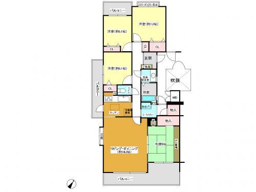 Floor plan. 4LDK, Price 15 million yen, Footprint 97.9 sq m , Balcony area 22.05 sq m