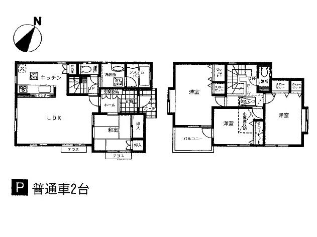 Building plan example (floor plan). Building plan example (No1) 4LDK, Land price 32,800,000 yen (planned), Land area 107.62 sq m , Building price 14 million yen, Building area 100.19 sq m