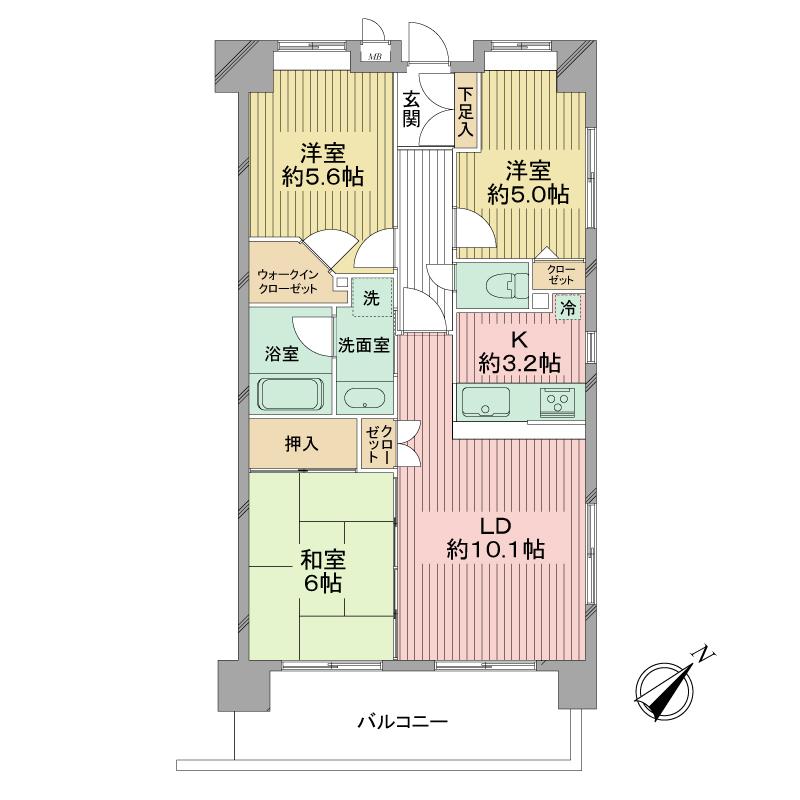 Floor plan. 3LDK, Price 23.8 million yen, Occupied area 64.88 sq m , Balcony area 9.68 sq m southeast angle room ・ Exposure to the sun ・ Ventilation good ・ There is a window in the kitchen