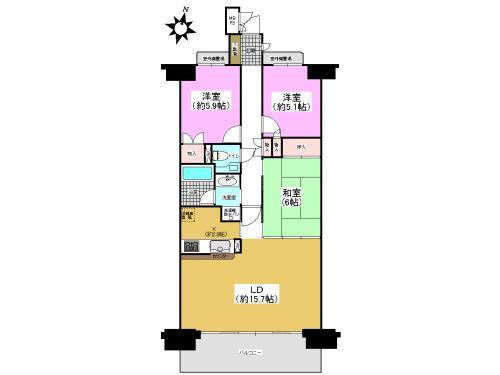 Floor plan. 3LDK, Price 16.8 million yen, Occupied area 76.91 sq m , Balcony area 12.28 sq m