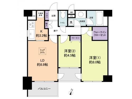 Floor plan. 2LDK, Price 24,800,000 yen, Occupied area 58.21 sq m , Balcony area 8.2 sq m