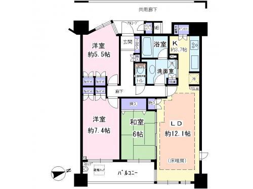 Floor plan. 3LDK, Price 22,800,000 yen, Footprint 76.8 sq m , Balcony area 7 sq m