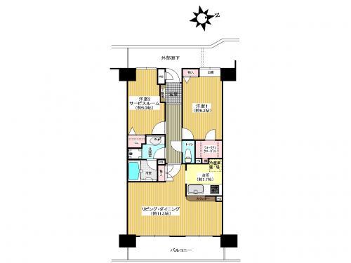 Floor plan. 1LDK, Price 20.8 million yen, Occupied area 56.95 sq m , Balcony area 8.7 sq m Western-style 2 will be services Room
