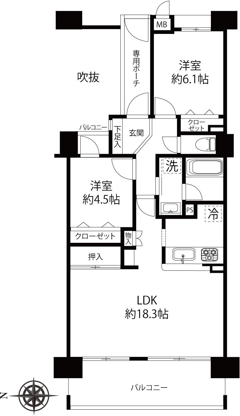 Floor plan. 2LDK, Price 17.5 million yen, Occupied area 65.03 sq m , Balcony area 12.52 sq m