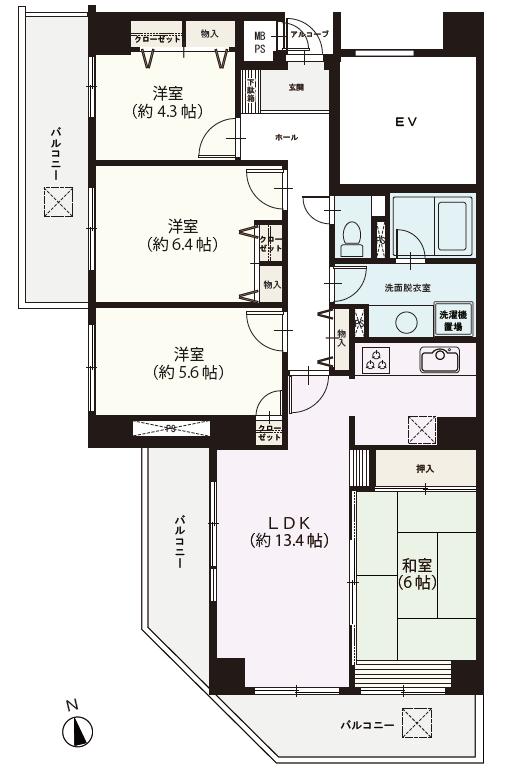 Floor plan. 4LDK, Price 9.8 million yen, Footprint 85.4 sq m , Balcony area 20.72 sq m