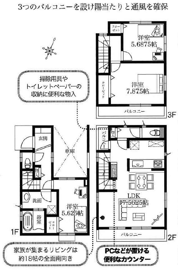 Floor plan. (Ayase Oue 2 Building), Price 27,800,000 yen, 3LDK, Land area 64.41 sq m , Building area 104.01 sq m