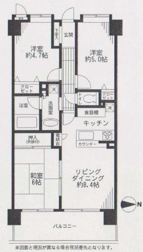Floor plan. 3LDK, Price 15.8 million yen, Occupied area 60.36 sq m , Balcony area 12.28 sq m