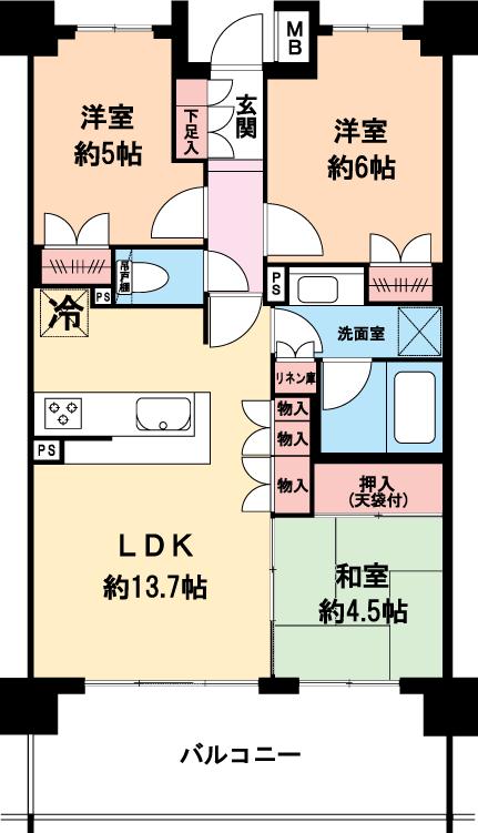Floor plan. 3LDK, Price 27,800,000 yen, Occupied area 64.08 sq m , Balcony area 12.8 sq m