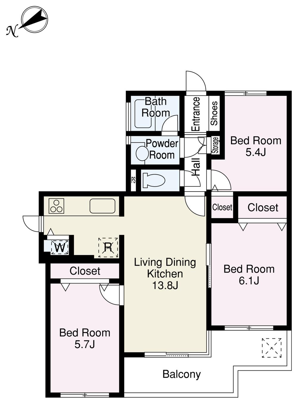 Floor plan. 3LDK, Price 24,900,000 yen, Occupied area 62.55 sq m , Is a good floor plan of the balcony area 9.05 sq m usability.