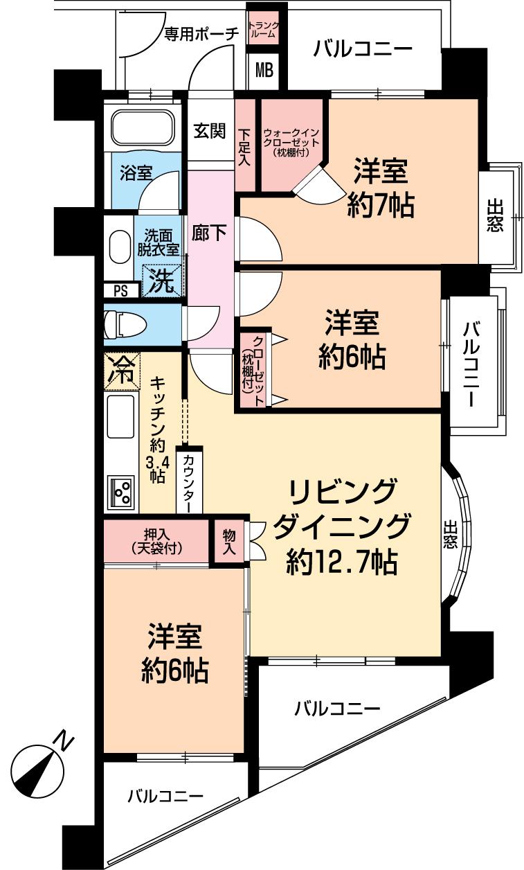 Floor plan. 3LDK, Price 29,800,000 yen, Occupied area 76.55 sq m , Balcony area 17.11 sq m