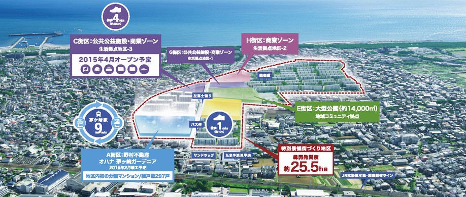  ※ Listings visuals, Life base zone in the part and Hamamidaira district district plan of 2013 September shooting of Aerial in Chigasaki surrounding environment [E Street Subdivision: large park /  G Street Subdivision: public facilities ・ Commercial zone life offices district -1 / H Street District: Commercial zone life offices district -2 / C Street Subdivision: public facilities ・ Draw a commercial zone life based district -3 (scheduled to open in April 2015)], Some facilities of the plan scheduled, And the image of this condominium plan is a concept visual collage.