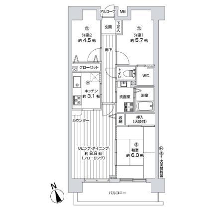 Floor plan. 3LDK, Price 14.9 million yen, Footprint 64.2 sq m , Balcony area 7.75 sq m