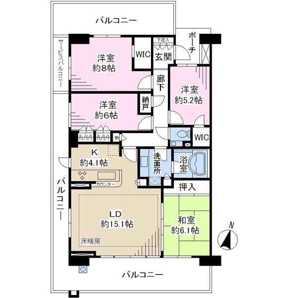 Floor plan. 4LDK + S (storeroom), Price 43,500,000 yen, Occupied area 99.64 sq m , Balcony area 41.45 sq m
