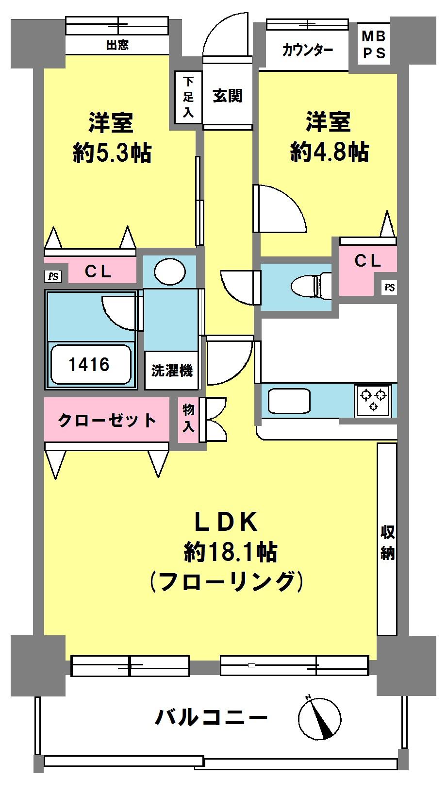 Floor plan. 2LDK, Price 32,800,000 yen, Footprint 62.9 sq m , Balcony area 10.45 sq m floor plan