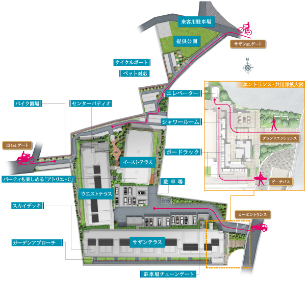 Shared facilities.  [Land plan that fits your lifestyle] Atelier ・ C / Multi Space Center patio is also equipped kitchen / Location Sky Deck to foster the exchange of residents to each other to and from the community naturally / Enjoy the best seat also exhilarating ocean views and fireworks display on the top floor dwelling unit, Sky deck with a plan prepared (some dwelling unit only) Garden approach / Ensure cycle port the flow line to be out directly to Bichipasu / Consideration board rack to put bicycle with surfboard carrier / A lock with a board rack 25 compartment prepared