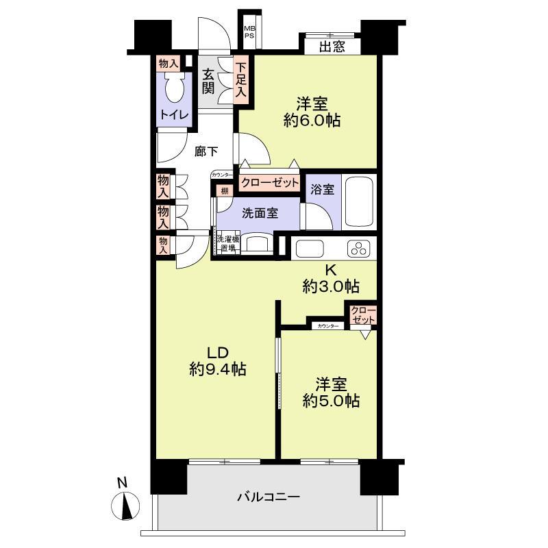 Floor plan. 2LDK, Price 28.5 million yen, Occupied area 54.45 sq m , Balcony area 9.35 sq m