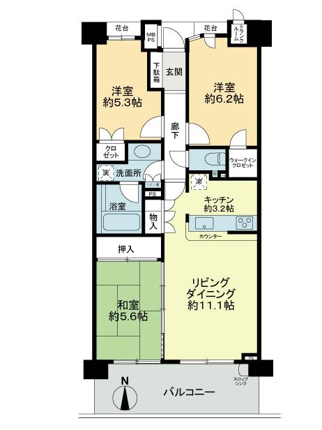Floor plan. 3LDK, Price 32,800,000 yen, Occupied area 70.67 sq m , Balcony area 12 sq m
