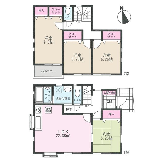 Floor plan. 34,800,000 yen, 4LDK, Land area 106.94 sq m , Is 4LDK of building area 93.57 sq m all room pair glass.