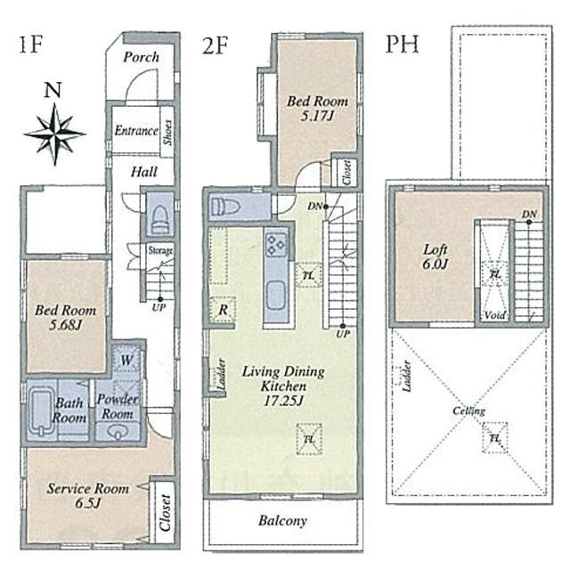 Floor plan. Second floor living room, There is a feeling of opening with a gradient ceiling. 
