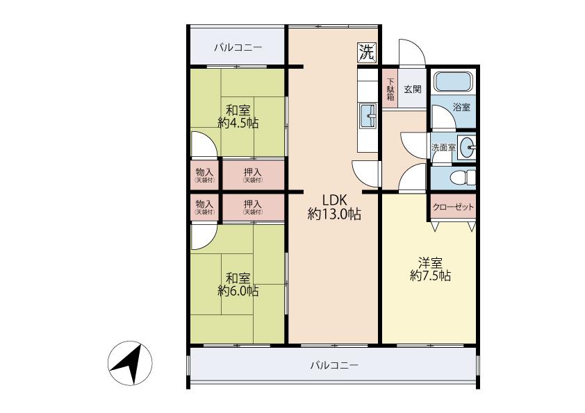 Floor plan. 3LDK, Price 9.8 million yen, Occupied area 68.71 sq m , Balcony area 12.42 sq m