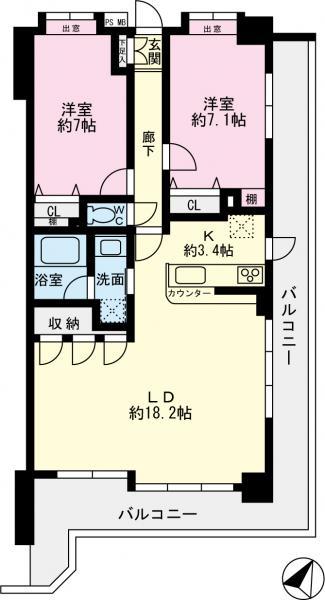Floor plan. 2LDK, Price 31,800,000 yen, Occupied area 74.19 sq m , Balcony area 24.65 sq m