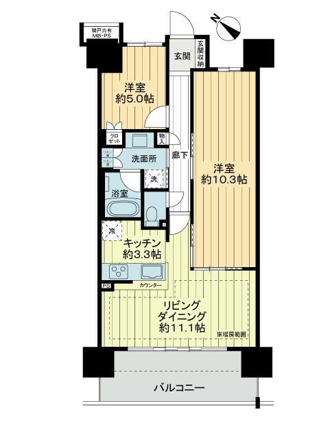 Floor plan. 2LDK, Price 32,300,000 yen, Occupied area 65.84 sq m , Balcony area 11.8 sq m